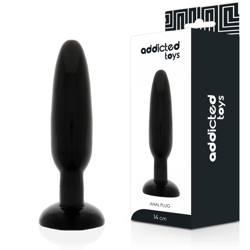 Black anal plug with packaging labeled 'addicted toys' on a white background