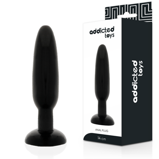 Black anal plug with packaging labeled 'addicted toys' on a white background