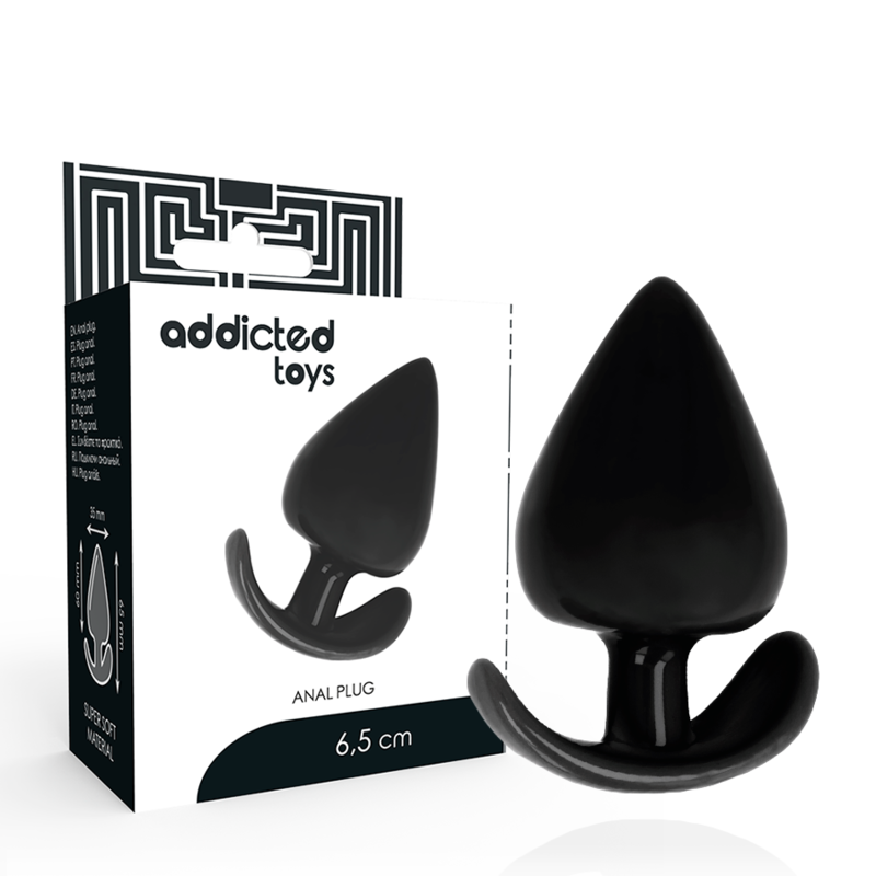 Black anal plug with packaging labeled 'addicted toys' on a white background