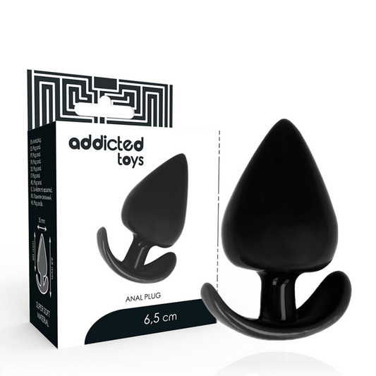 Black anal plug with packaging labeled 'addicted toys' on a white background