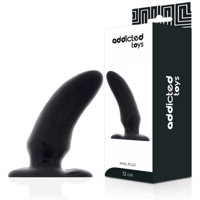 Black anal plug with packaging labeled 'addicted toys' on a white background