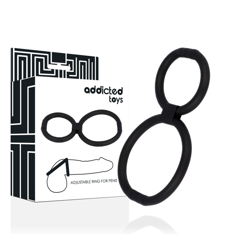 Black adjustable ring for penis with 'addicted toys' packaging on a white background