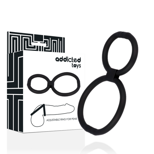 Black adjustable ring for penis with 'addicted toys' packaging on a white background