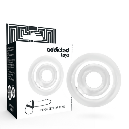 Rings set for penis with packaging labeled 'addicted toys' on a white background