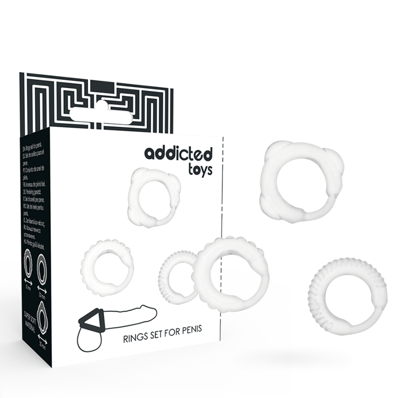 Set of white rings for penis with 'addicted toys' packaging on a white background