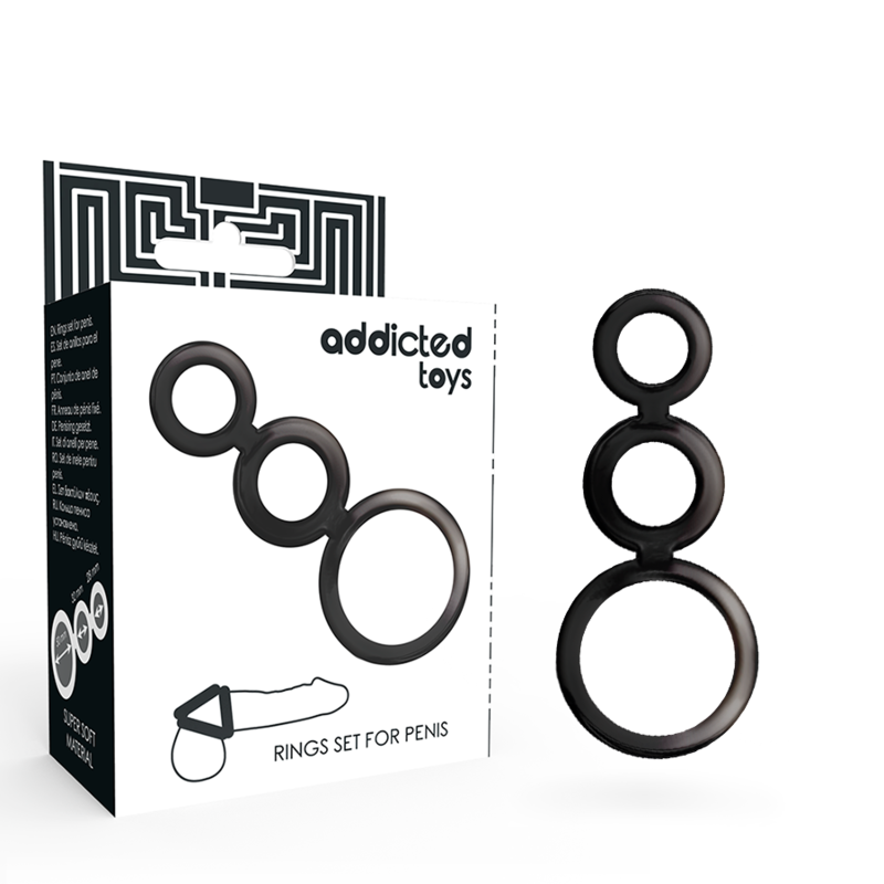 Black silicone ring set with packaging labeled 'addicted toys' on a white background