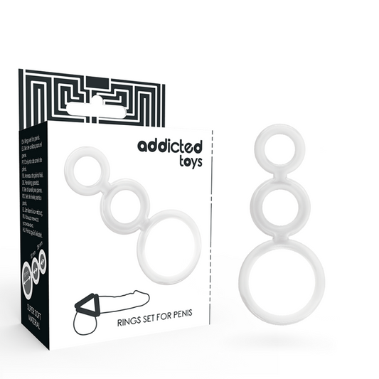 White ring set for penis with packaging labeled 'addicted toys' on a white background