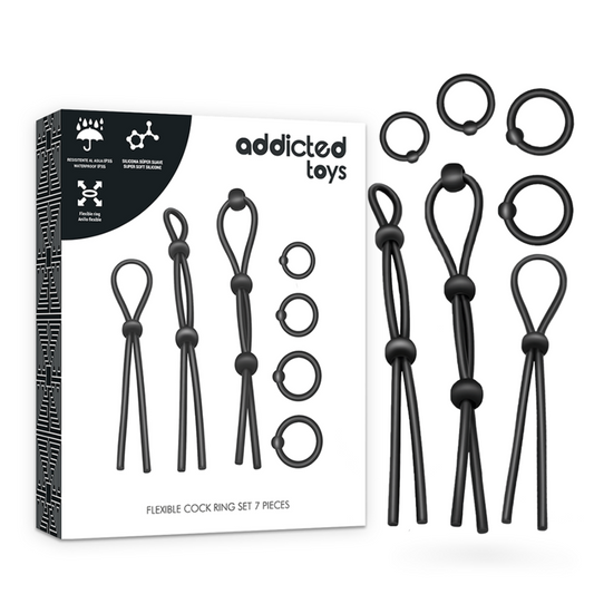 Set of black flexible cock rings with packaging labeled 'addicted toys' on a white background.