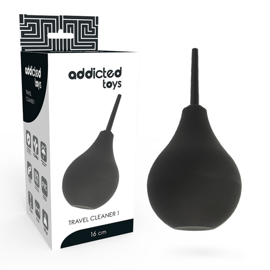 Black travel cleaner with packaging labeled 'addicted toys' on a white background