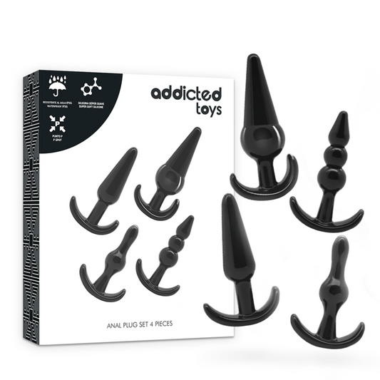 Set of black anal plugs with packaging labeled 'addicted toys' on a white background