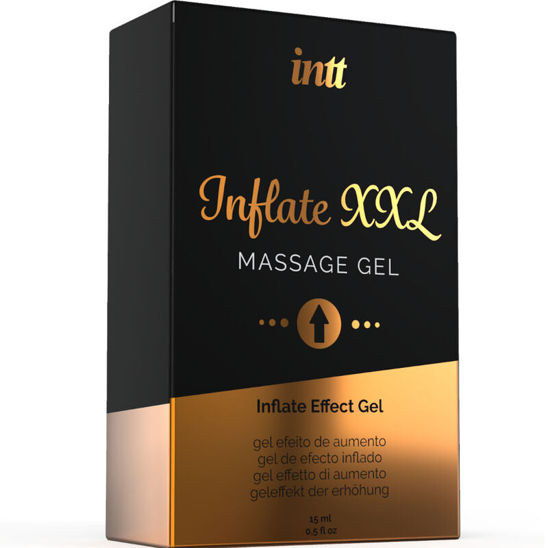 Box of intt Inflate XXL Massage Gel with black and gold design.