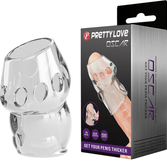 Clear silicone penile enlargement device with packaging labeled 'Pretty Love Oscar' on a white background.