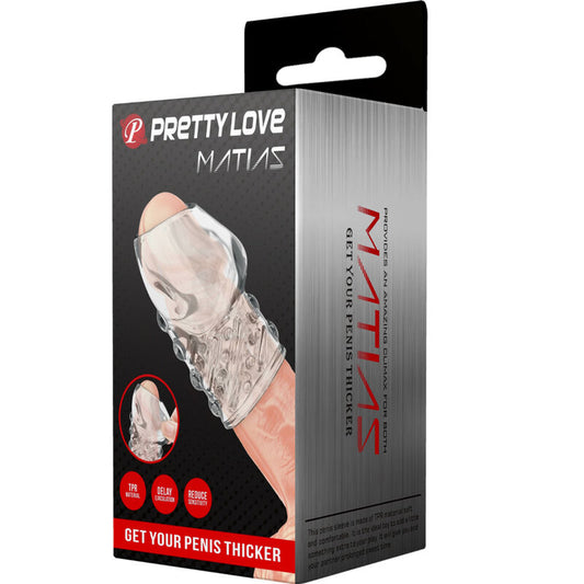 PrettyLove Matias product packaging with clear gel on a white background