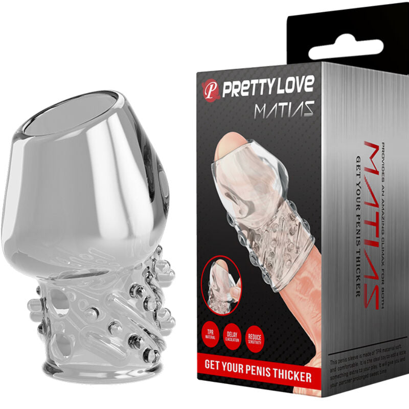 Chrome penile sheath with packaging labeled 'PrettyLove Matias' on a white background