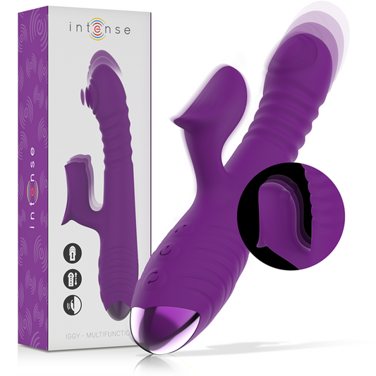 Purple toy with packaging labeled 'intense' on a white background