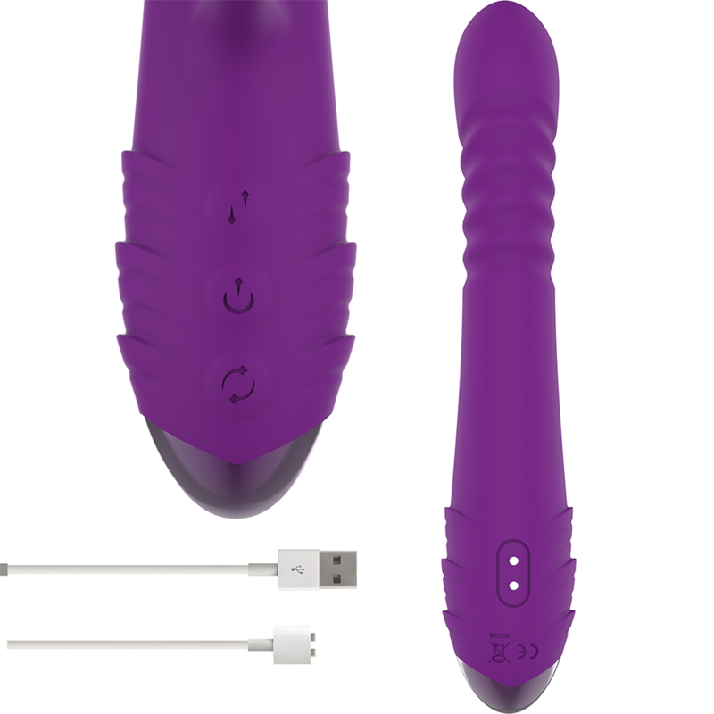 Purple electronic device with USB cable on a white background