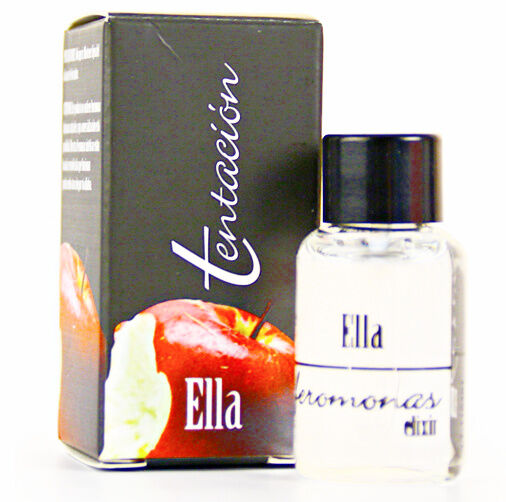 Perfume bottle labeled 'Ella' next to its packaging featuring an apple design.