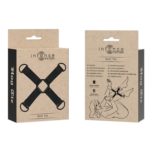 Two packaging boxes for 'intense fetish' Hog Tie product on a white background