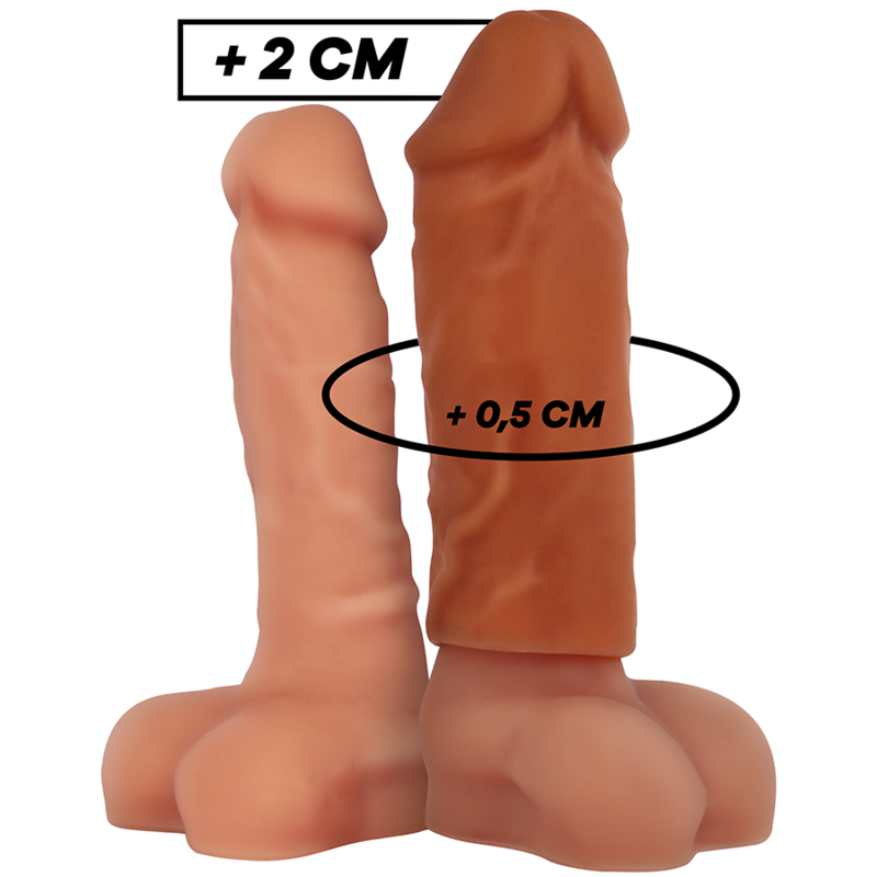 Two silicone models of penises with measurements indicated on a white background