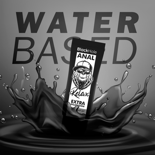 Product packaging with 'BlackHole Anal' branding on a gray background with water effects.