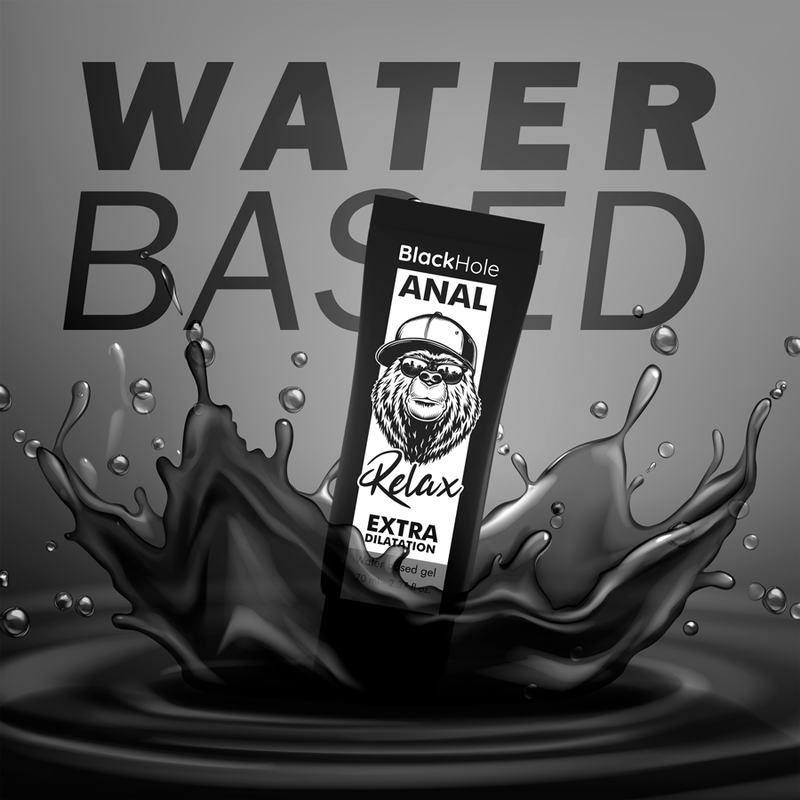 Product packaging with 'BlackHole Anal' branding on a gray background with water effects.