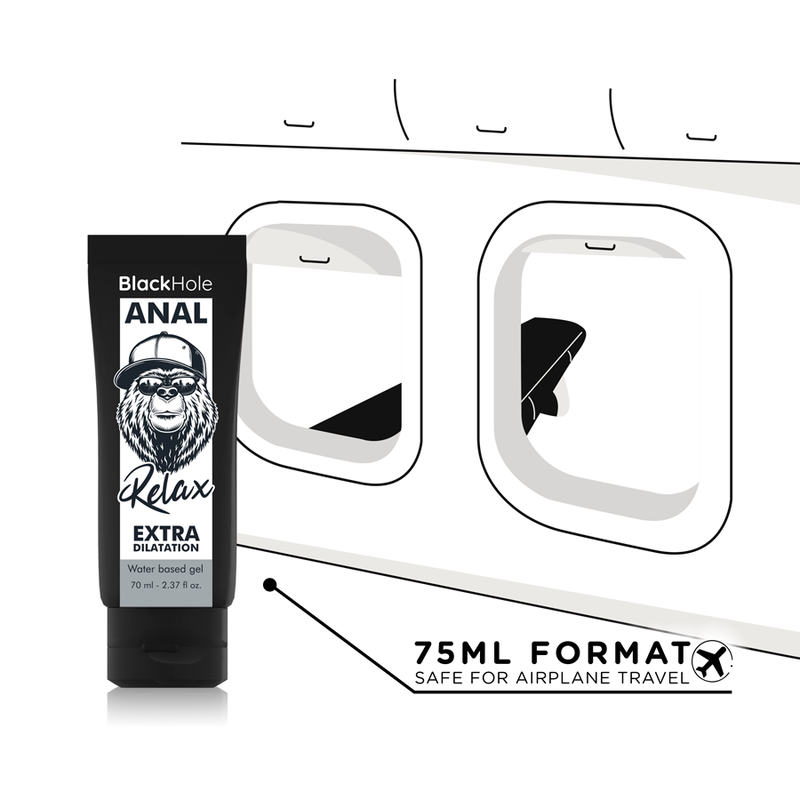 Black Hole Anal Relax Extra Bulation gel packaging with airplane travel pouch illustration