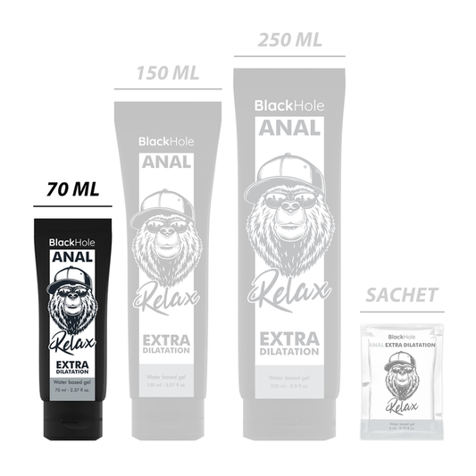 BlackHole Anal Relax product packaging with different container sizes on a white background.