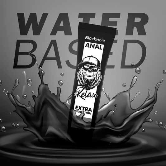 Product packaging with 'Black Hole Anal' branding on a gray background with water effects.