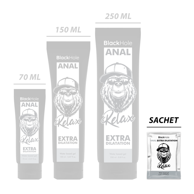 Product packaging with 'BlackHole Anal Relax' branding and size measurements on a white background.
