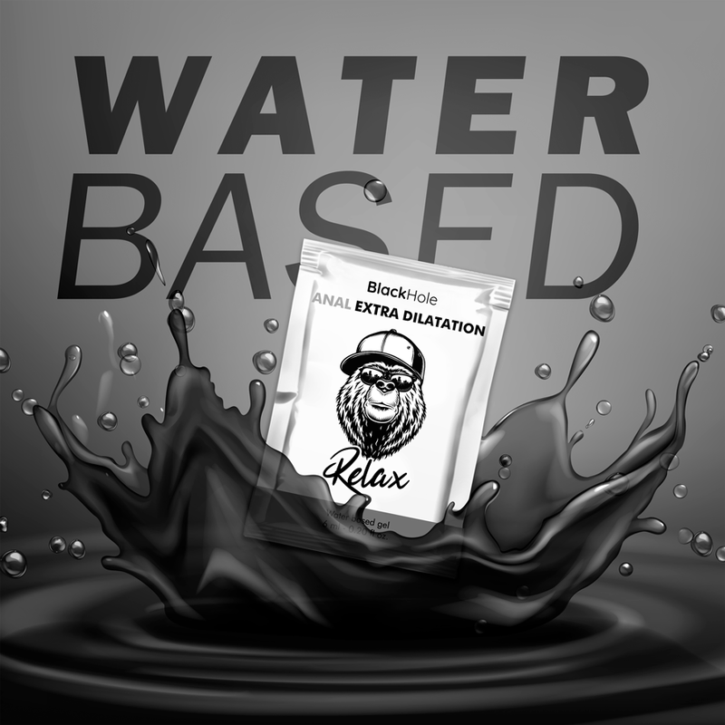 Product packaging with 'BlackHole' branding in water, labeled 'Anal Extra Dilatation Relax', on a gray background.