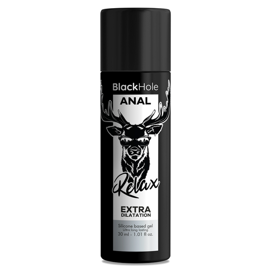 Black bottle labeled 'BlackHole Anal Relax Extra Dilatation' on a white background