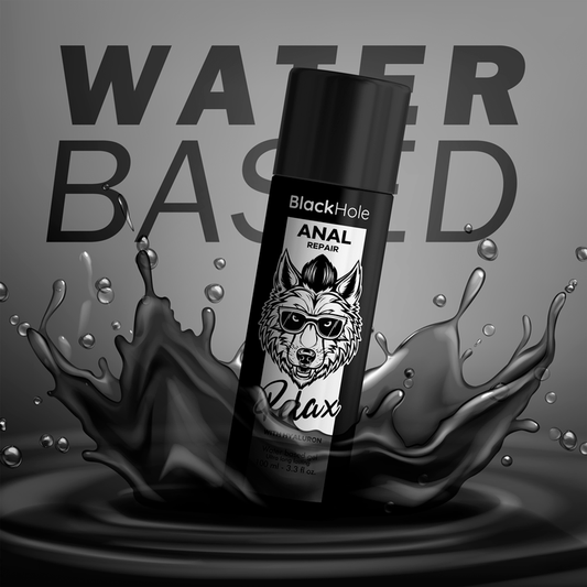 Black bottle labeled 'BlackHole' with wolf design on a gray background with water text.