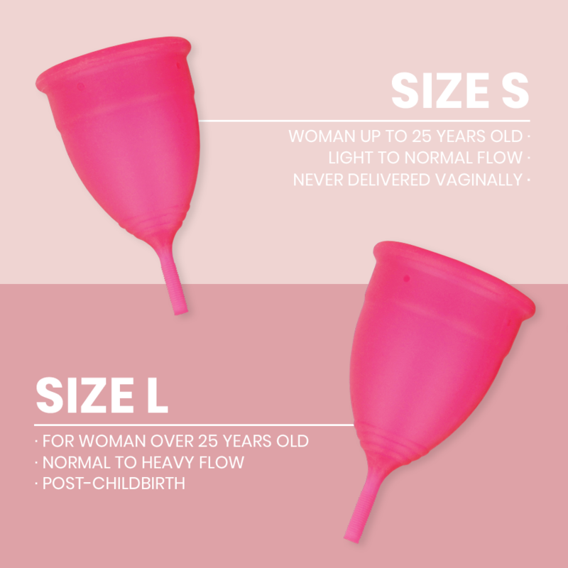 Two pink menstrual cups with size and usage instructions on a pink background