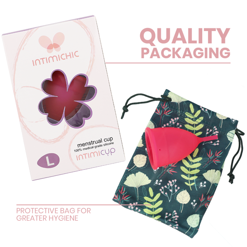 Menstrual cup with packaging and protective bag on a white background
