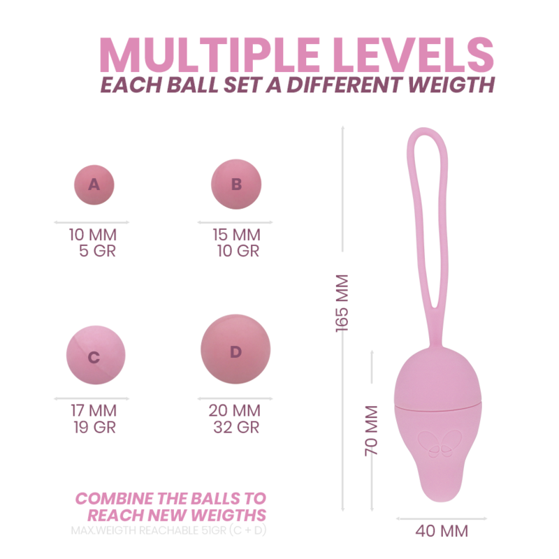 Pink weight ball set with measurement chart on a white background