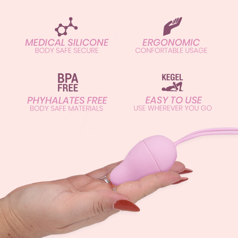 Pink Kegel device held in a hand with text highlighting features on a light pink background
