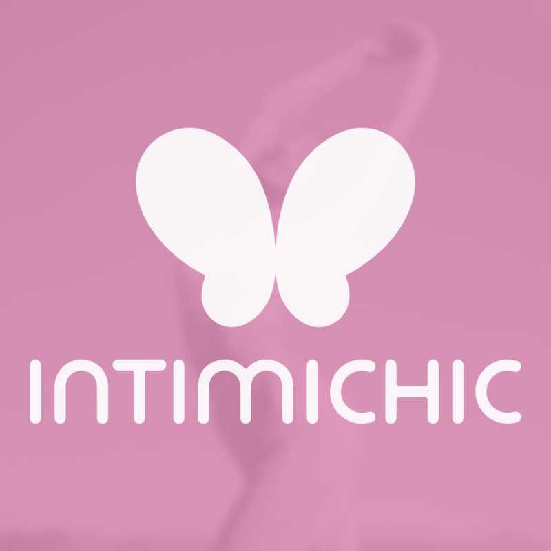 White butterfly logo and 'INTIMICHIC' text on a pink fabric background