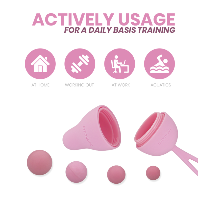 Pink exercise ball and accessories with usage icons on a white background