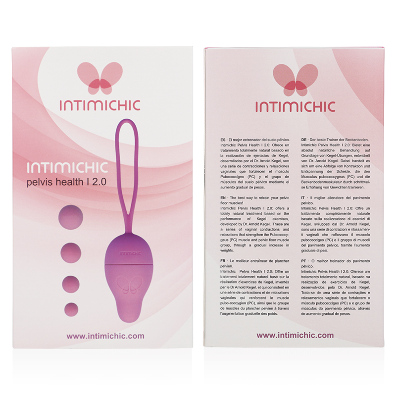 Intimichic pelvic health product packaging with pink device illustration on a white background