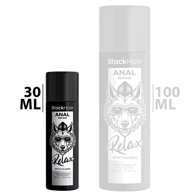 Two bottles of BlackHole Anal Repair product on a white background