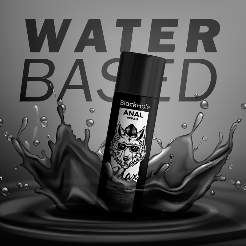Black bottle labeled 'BlackHole' with wolf design on a gray background with water splashes.