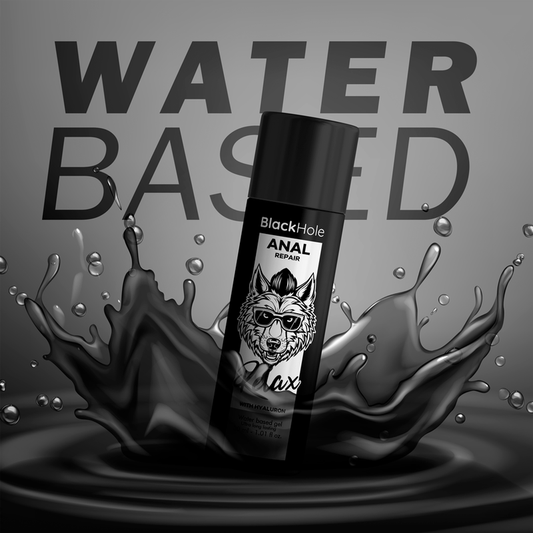Black bottle labeled 'BlackHole' with wolf design on a gray background with water splashes.