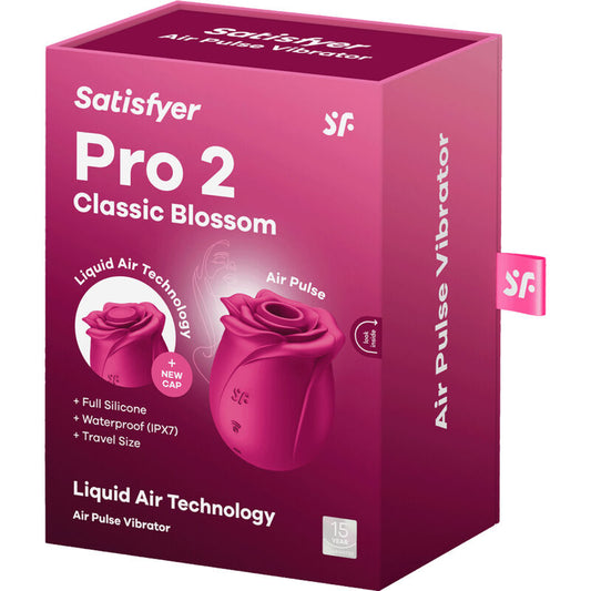 Satisfyer Pro 2 Classic Blossom air pulse vibrator packaging on a white background