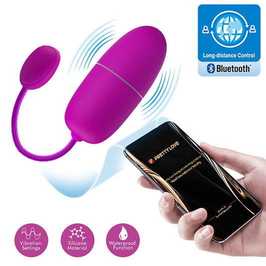 Purple electronic device with Bluetooth control and smartphone app interface, featuring vibration settings, silicone material, and waterproof function icons.