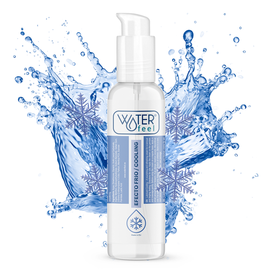 Skincare bottle labeled 'Waterfeel' with water splashes and snowflakes on a white background