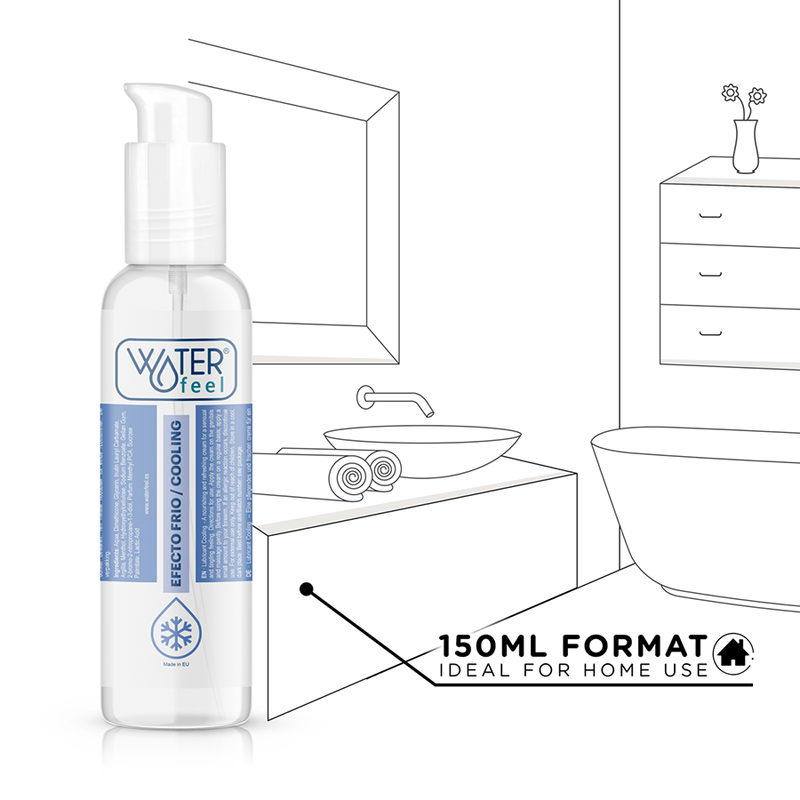 Skincare bottle labeled 'Waterfeel' with a bathroom illustration in the background