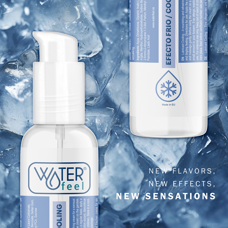Two bottles of Waterfeel product on a background with ice cubes