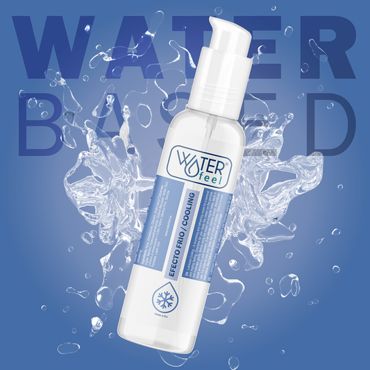 Water-based product bottle with water droplets and text on a blue background