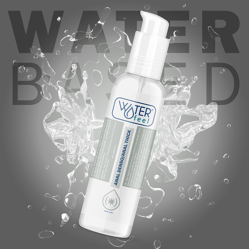 Bottle of 'Water Feel' product with water-themed graphics on a gray background