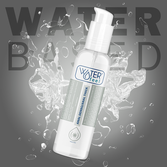 Bottle of 'Water Feel' product with water-themed graphics on a gray background